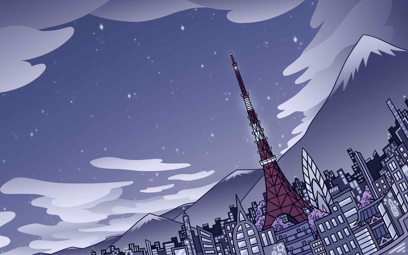 A still image shows an illustrated view across a fantasy city landscape at night 