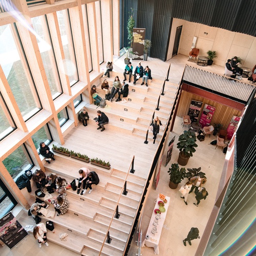 Arial view of students sitting together in the Creative Centre 