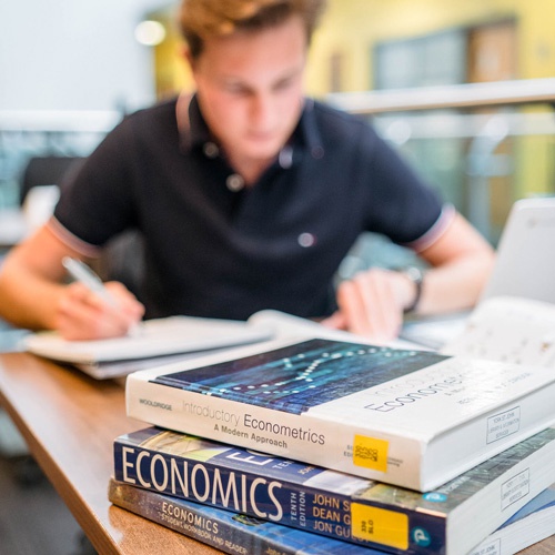Student studying next to pile of Economics books in Library 