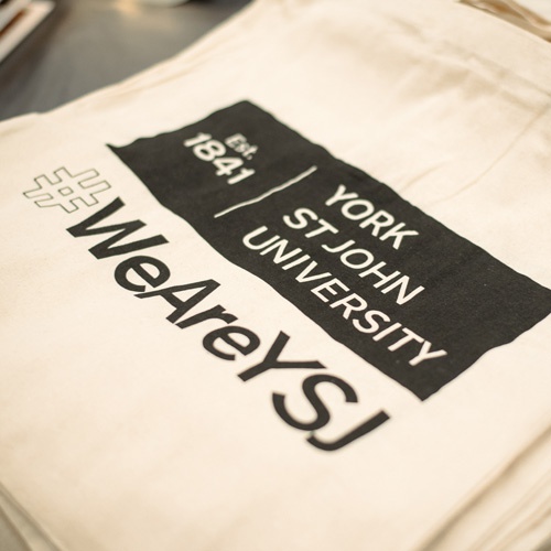 Tote bag with York St John logo and #WeAreYSJ 