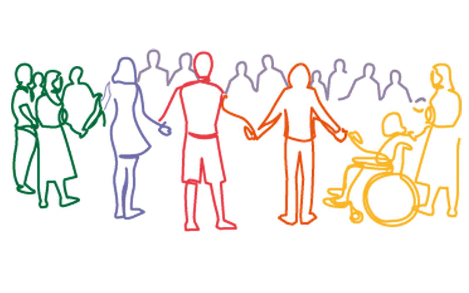 Line drawing of people in circle holding hands 